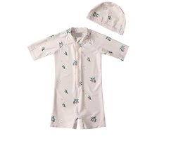 Il Bambini - UV-Zwempak - swimsuit met mutsje - UPF50+ - licht beige met perzikprint - maat 74/80