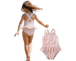 Joya Kids® Badpak Gestreept Roze Wit met Ruches Meisjes | Zwempak met ruches Strepen Zacht Roze | Zwempak Gekruisde Rug Kind | Meisje Streep Bikini Zomer | Kinderbadpak Peuter | Maat 90