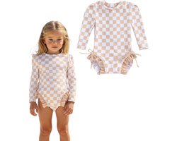 Joya Kids® Badpak Lange Mouw Beige en Wit Geblokt met Ruches Meisjes | Zwempak met ruches UV Badpak Bruin | Zwempak Lange Mouw UV Bescherming Blokjes | Meisje Bikini Zomer | Kinderbadpak Peuter | Maat 6-12 Maanden