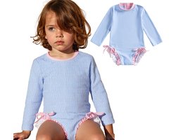 Joya Kids® Badpak Lange Mouw Licht Blauw met Streepjes en Roze Ruches Meisjes | Zwempak met ruches UV Badpak | Zwempak Lange Mouw UV Bescherming Streep | Meisje Bikini Zomer | Kinderbadpak Peuter | Maat 0-3 Maanden