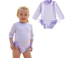 Joya Kids® Badpak Lange Mouw Licht Paars met Streepjes en Roze Ruches Meisjes | Zwempak met ruches UV Badpak Lila | Zwempak Lange Mouw UV Bescherming Streep | Meisje Bikini Zomer | Kinderbadpak Peuter | Maat 3-6 Maanden