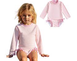 Joya Kids® Badpak Lange Mouw Licht Roze met Streepjes en Roze Ruches Meisjes | Zwempak met ruches UV Badpak | Zwempak Lange Mouw UV Bescherming Streep | Meisje Bikini Zomer | Kinderbadpak Peuter | Maat 3-6 Maanden