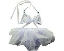 Maat 74 Luxe Bikini zwemkleding Wit met steentjes en strik badkleding tule rok voor baby en kind zwem kleding