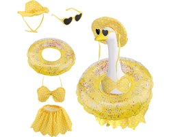 Ronte - Zomerse Hawaiiaanse Gele Bikini Ganzenoutfit met Zonnebril en Zwemband voor Tuindecoratie op Terras.