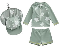 SnelShoppen - 3-delig Zwempak voor Baby's Jongens - UV-bescherming, T-shirt met Lange Mouwen, Zwembroek en Zonnehoed - Badpak voor Zwembad en Strand -