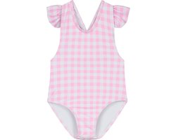 Supercute baby badpak geruit roze wit met gekruiste bandjes en drukknopen maat 80/86