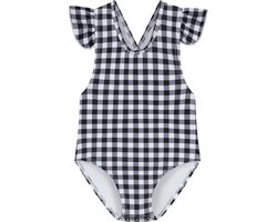 Supercute baby badpak geruit zwart wit met gekruiste bandjes en drukknopen maat 98