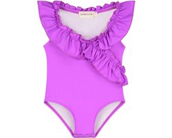 Supercute baby badpak paars met ruffels en goudkleurige drukknoopjes maat 74/80