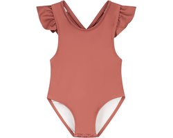 Supercute badpak Terracotta bruin met drukknopen panterprint wit gekruiste bandjes maat 62/68