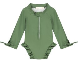 Supercute badpak UV-Zwempak - UPF50+ donkergroen met lange mouwen, ruffels en drukknoop sluiting maat 74/80