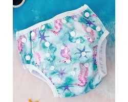 Zwemluier zeepaard - lichtblauw - verstelbare zwemluier 3 tot 15 kg - uitwasbare zwemluier - zwemluier elastische rand - baby zwemluier - peuter zwemluier