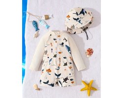 Zwempak UV baby - UV zwempak baby 1-2 jaar - Zwemset UV - Zwempak lange mouwen - Zwemonesie - Oceaan print - Zwempak wit - Zwempak - Badpak - Maat 92 - Zwempak met zonnehoedje - Zwemset UV peuter