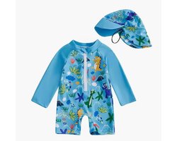 Zwempak UV baby - UV zwempak baby 1 jaar - Zwemset UV - Zwempak lange mouwen - Zwemonesie - Dino print - Zwempak - Badpak - Maat 80 - Zwempak met zonnehoedje - Zwemset UV peuter