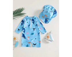 Zwempak UV baby - UV zwempak baby 1 jaar - Zwemset UV - Zwempak lange mouwen - Zwemonesie - Zeedieren print - Zwempak - Badpak - Maat 80 - Zwempak met zonnehoedje - Zwemset UV peuter