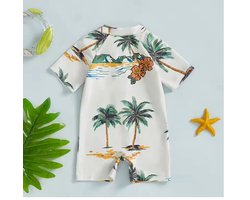 Zwempak voor Jongens - Maat: 56/62 - Thema: Palmbomen - Badpak / UV Zwem Pak - Unisex - Zonbescherming - Hoge Kwaliteit - Inclusief Muts / Hoedje - Vakantie & Zwembad - Zwemmen - Baby Badpak - Baby Zwemmen - Babybadpak - Zomer UV Badpakje UPF50+