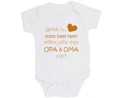 100% katoenen Romper Zwangerschap Aankondiging 2.0 "Geluk is soms heel klein willen jullie mijn OPA & OMA zijn?" Unisex Katoen Wit/tan Maat 56/62
