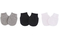 3 Paar Baby Krabwantjes – Zwart, Wit & Grijs – Anti-Krab Kinderwantjes – 0-12 Maanden – Zachte Katoen Elastische Wantjes