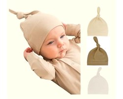 3 Pack Newborn Babymutsjes met Knoop – Wit, Bruin en Beige – 0-3 Maanden