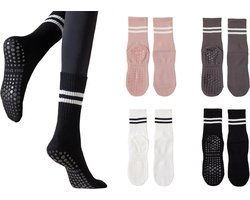 4 Paar Dames & Meisjes Antislip Sokken – Pilates Yoga en Sport Sokken – Zwart, Wit, Roze en Grijs – Maat 35-38 – Comfortabele en Stevige Sokken met Grip