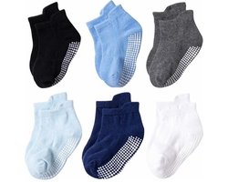6 Paar - Antislip Sokken Kind Baby - 1-3 jaar - Blauw Grijs - Enkelsokken - Verbeterde kwaliteit