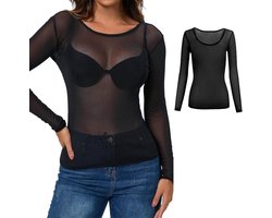 Allecta - Transparante mesh top met gouden kettingriem - Sexy shirt voor dames - Clubwear, feesten en dagelijks gebruik - Ademende dames top met ronde hals