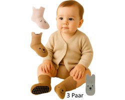 Baby Antislip Sokken – Maat M (0–1 jaar) – 3 Paar – Beer Design – Roze, Blauw & Bruin – Katoen – Zachte Babysokken met Grips – All Season