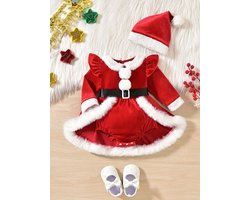 Baby Kerstjurkje Meisje – Rood Met Witte Bontdetails & Hoed – Feestelijke Romperjurk Voor Kerst & Fotoshoots 3/6mnd