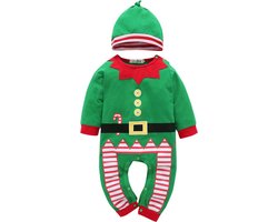 Baby Kerstpakje Kerstelf – Romper/Onesie/Rompertje met Muts – Lange Mouw – Maat 80 (9–12 mnd)