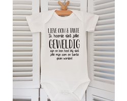 Baby romper met tekst zwangerschap aankondiging oom en tante 2026 | Ik hoorde dat jullie geweldig zijn en ben heel blij jullie gaan worden! ontmoeten! hoera| korte mouw | maat 50-56 | bekendmaking zwangerschap cadeau voor de liefste aanstaande 2025