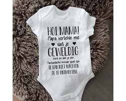 Baby rompertje met tekst bekendmaking zwangerschap aankondiging Hallo mama,  papa vertelde dat je geweldig bent en een geweldige moeder wordt. Ik kan niet wachten .. ontmoeten Cadeau voor liefste aanstaande bekendmaken  bekend maken worden