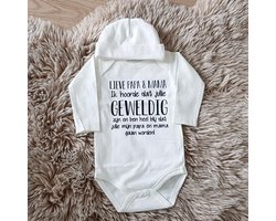 Baby rompertje met tekst Lieve papa en Mama Ik hoorde dat je geweldig bent en ben heel blij dat jij mijn  gaat worden! ... ontmoeten! | lange mouw | maat 50-56 | aankondiging bekendmaking zwangerschap cadeau voor liefste aanstaande opa oma oom tante