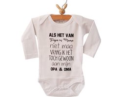 Baby Rompertje tekst | Als het van papa en mama niet mag vraag ik het toch gewoon aan mijn opa en oma | Lange mouw | wit zwart | maat 50/56 cadeautje zwangerschaps aankondiging hoera jullie worden grootouders