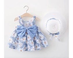Baby Zomerjurk Met Zonnehoed - Maat: 62/68 - Kleur: Blauw - Baby Bloemenjurk - Zomerhoed - Babyjurkje - Baby Hoed - Zomer Outfit Baby - Jurk met Madeliefjes - Baby Verjaardag - Birthday Outfit - Vakantie Zomer - Hoge Kwaliteit - Luxe Babykleding
