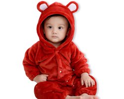 BoefieBoef Rood Baby Berenpak 12-24 maanden – Zacht Flanel Winterpak - Warme Winter Onesie - Baby Romper met Beren Capuchon - Baby Jumpsuit voor Kinderen - Boxpakje - Pyjama voor Jongens en Meisjes – Kerst cadeau of Kraamcadeau - 1-2 jaar M