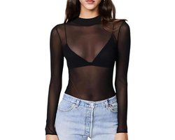 Dames Mesh Top - Sheer Mouw - Zwart - Hoge Hals - Doorzichtige Blouse - Sexy - Lang - Vrouwen - Mesh Tops - Zien Door - Sheer Shirt - Hoge Hals - Vrouwen Kleding - Zwart Model.