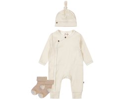 Dirkje - Noppies - Kledingset - Unisex Boxpak met mutsje Offwhite - 1 paar sokjes bruin gestreept - 56
