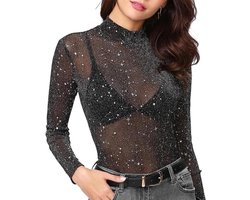 E-Ambar - Transparante top dames tule pailletten nauwsluitend lange mouwen bare schouders