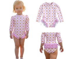 Joya Kids® Badpak Lange Mouw Lila, Roze en Wit Geblokt met Ruches en Strikjes Meisjes | Zwempak met ruches UV Badpak Lila en Roze | Zwempak Lange Mouw UV Bescherming Blokjes | Meisje Bikini Zomer | Kinderbadpak Peuter | Maat 3-6 Maanden