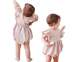 Joya Kids® Linnen Baby Boxpakje met Ruffles | Romper Meisje Zomer Outfit | Verjaardag / Fotoshoot | Maten 66 t/m 90 | 3 tot 24 Maanden | Baby en Peuter Luchtig Pakje | Oudroze | Maat 66