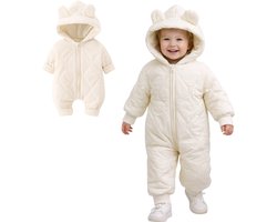 Joya Kids® Winter Sneeuwpak Baby Crème | Gewatteerde Baby Overall met Fleece Voering | Warme Baby Jumpsuit met Oortjes | Baby Winterpak | Sneeuw Pak | Jongens & Meisjes | Maat 66 | 0-3 Maanden