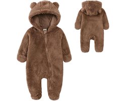 Kinderbodysuit van pluche - Bodysuit met capuchon, rits en lange mouwen en pluchen berenoren - Warme bodysuit met capuchon - Winteroutfitset - bruin - 9