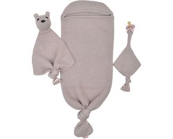 Minora Inbakerslaapzak Set 0-8 mnd – Cocoon Teddy + Fopspeenhouder – 3-delig Babykleding Unisex – Winterslaapzak – Swaddle – Kraamcadeau – Lichtbruin