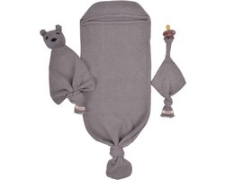 Minora Inbakerslaapzak Set 0/8 maand- Cocoon Teddy en Fopspeenhouder- 3 Delig babykleding jongens en meisjes-Winterslaapzak- Inbakerdoek-Swaddle- Kraamcadeau - Newborn- Grijs- Sinterklaas