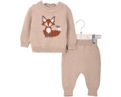 Minora Newborn Baby Kleding Set - Jongens en Meisjes - Winterbroek en trui- Kraamcadeau - Babyshower-Newborn tweedelige gestreepte set met vos -Beige-6/9 Maanden- Sinterklaas