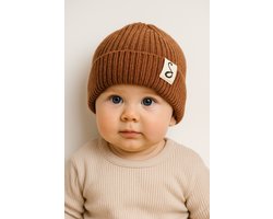 Newborn Beanie - merino wol - bruin - baby mutsje - baby beanie
