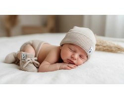 Newborn Beanie - merino wol - zand - baby mutsje - baby beanie