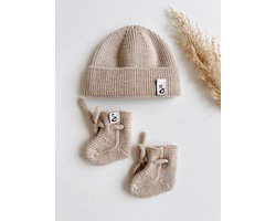 Newborn set Merino wol - sloffen + beanie - 0-3 maanden - Zand - baby sloffen - newborn sokken - babymuts