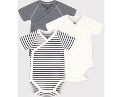 Petit Bateau Set van 3 katoenen overslagrompertjes met korte mouwen en streepjes Unisex Rompertje - Wit;Blauw