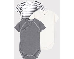 Petit Bateau SET VAN 3 OVERSLAGBODY'S MET KORTE MOUWEN EN STREEPJES VAN KATOEN Unisex Rompertje - Wit/Blauw + Blauw/Wit + Wit