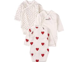 Petit Bateau Set van 3 rompertjes met rode hartjes en lange mouwen Meisjes Rompertje - Wit/Rood + Wit/Rood + Wit